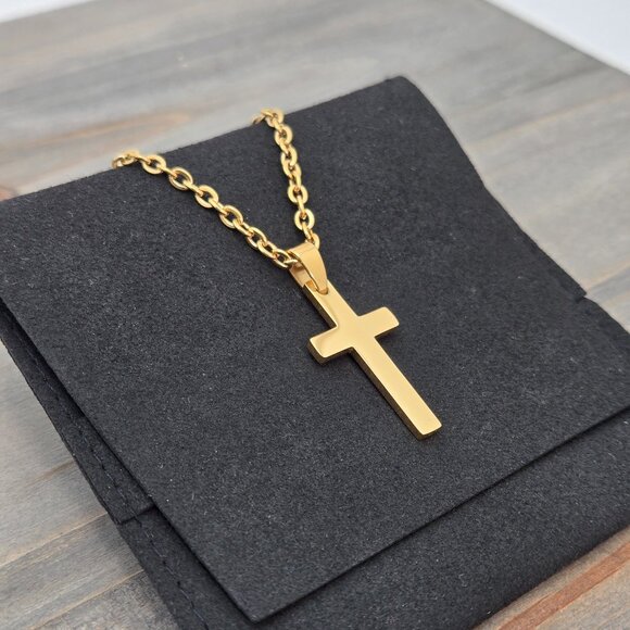 14K Gold Cable Chain Necklace with Cross Pendant - Picture 1 of 7